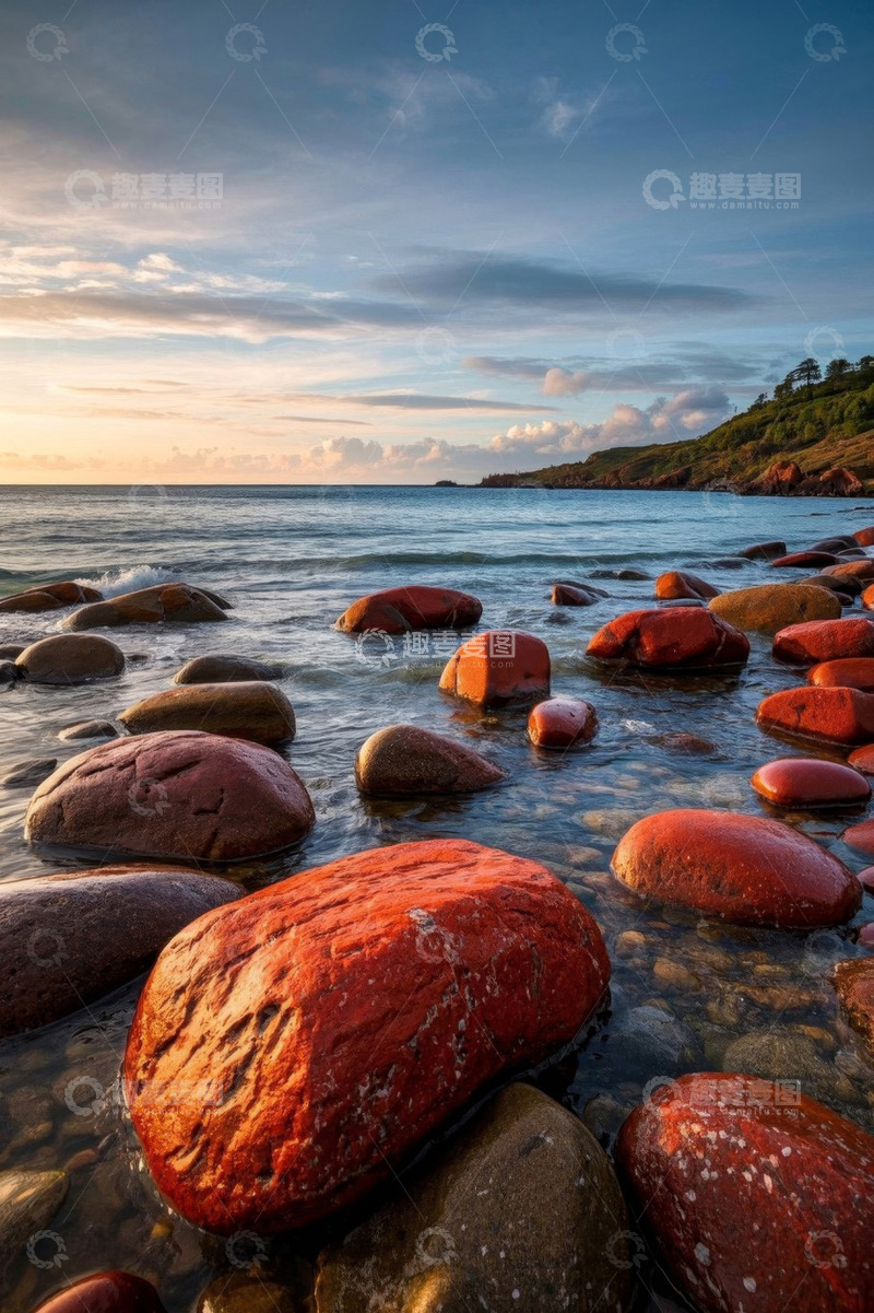 高清大图下载【趣麦麦图】海边夕阳下的彩色岩石景观