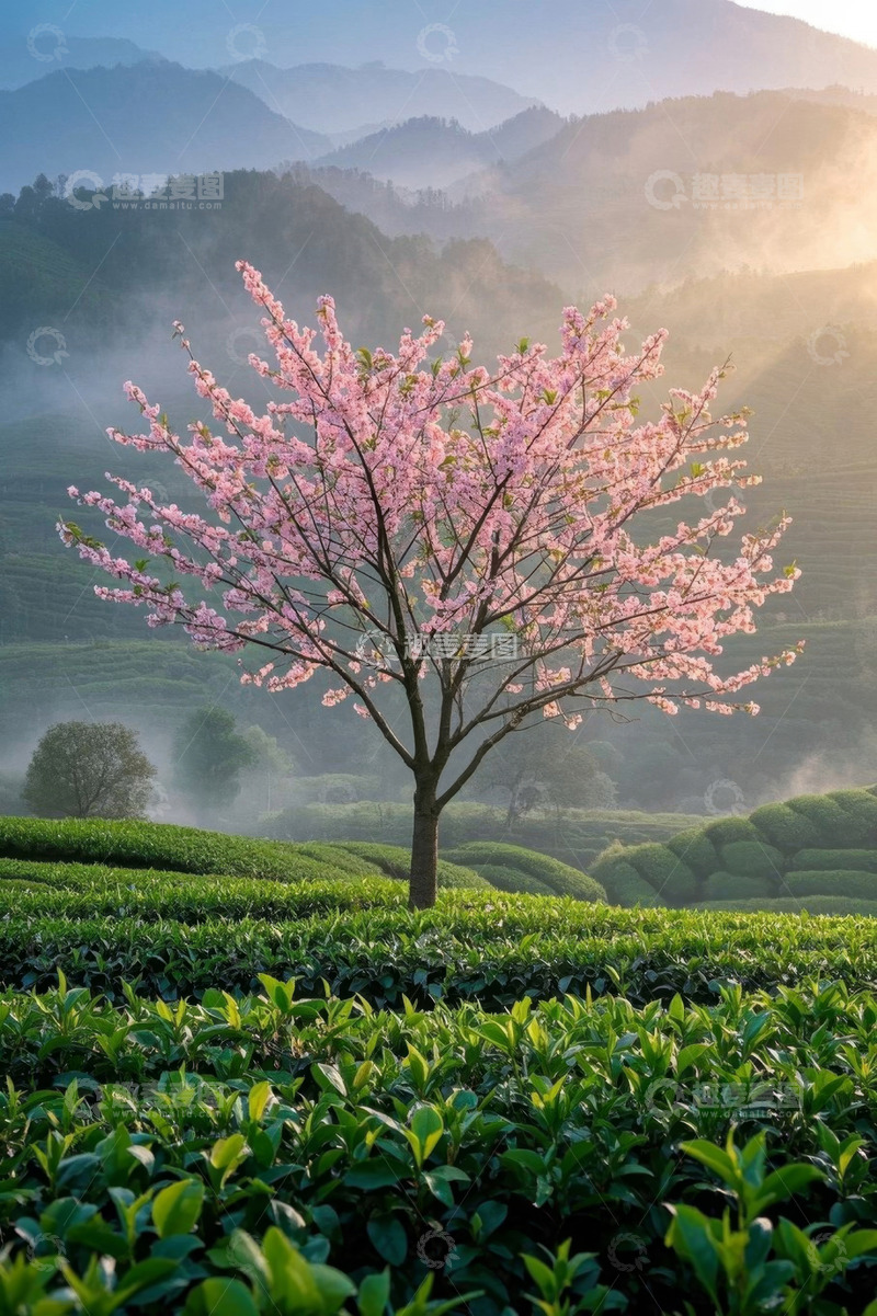 高清大图下载【趣麦麦图】茶园中盛开的樱花树景观