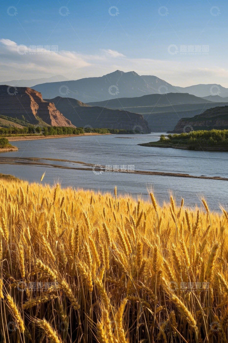 高清大图下载【趣麦麦图】河边麦田与远山风景