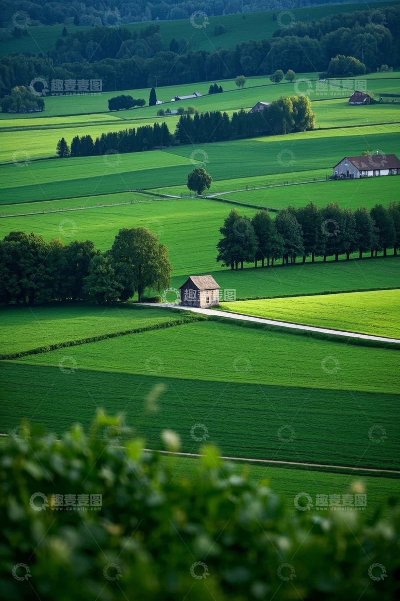 高清大图下载【趣麦麦图】田园绿色田野与房屋景观