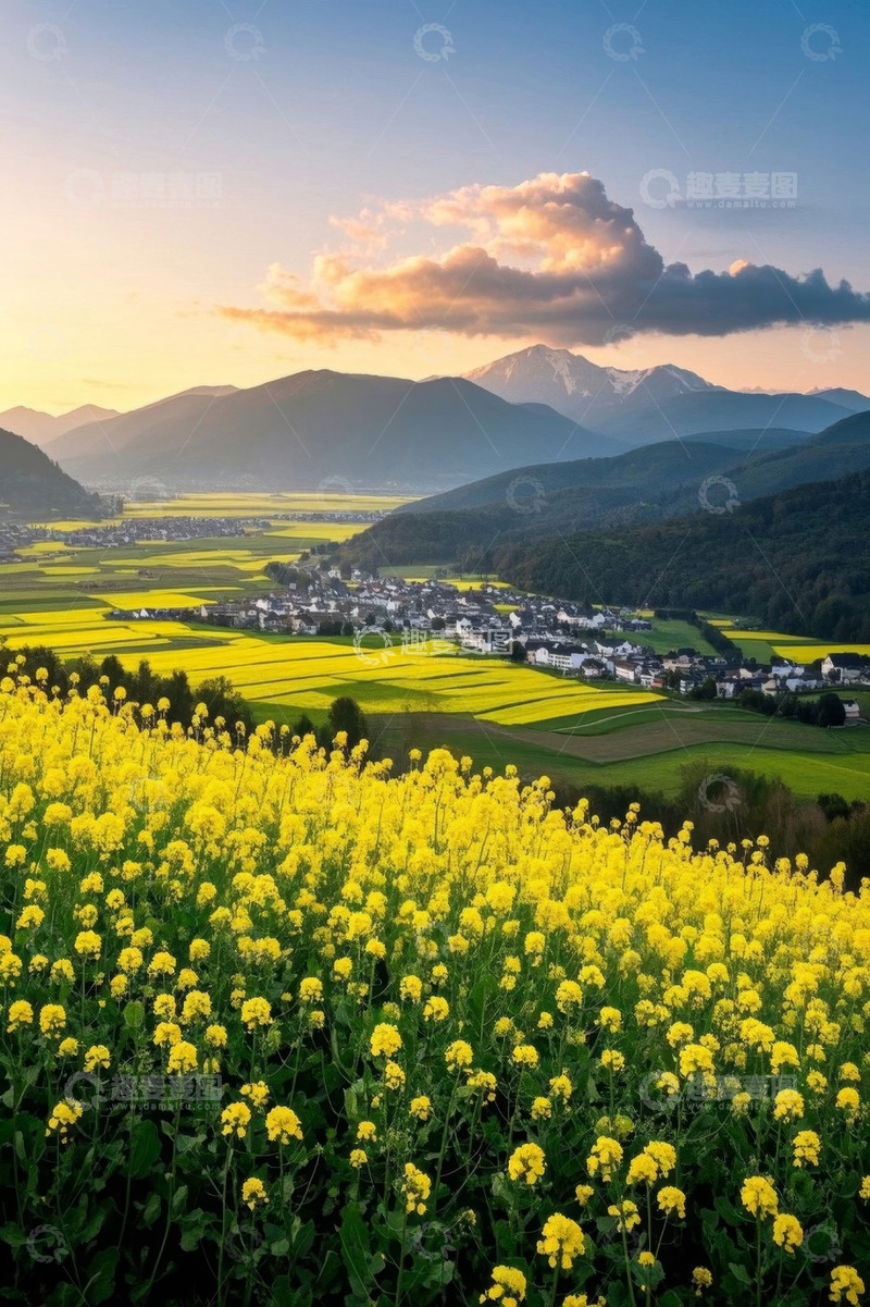 高清大图下载【趣麦麦图】田园风光油菜花田与远山