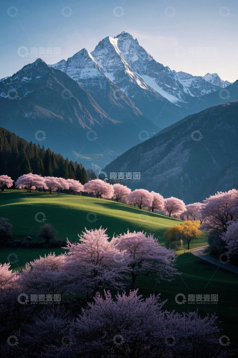 高清大图下载【趣麦麦图】雪山下的粉色樱花与绿色草地