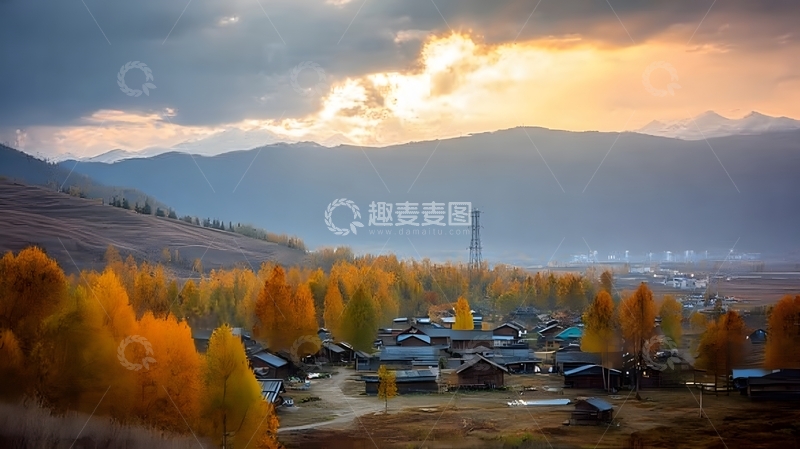 高清大图下载【趣麦麦图】秋村落日风光摄影图片