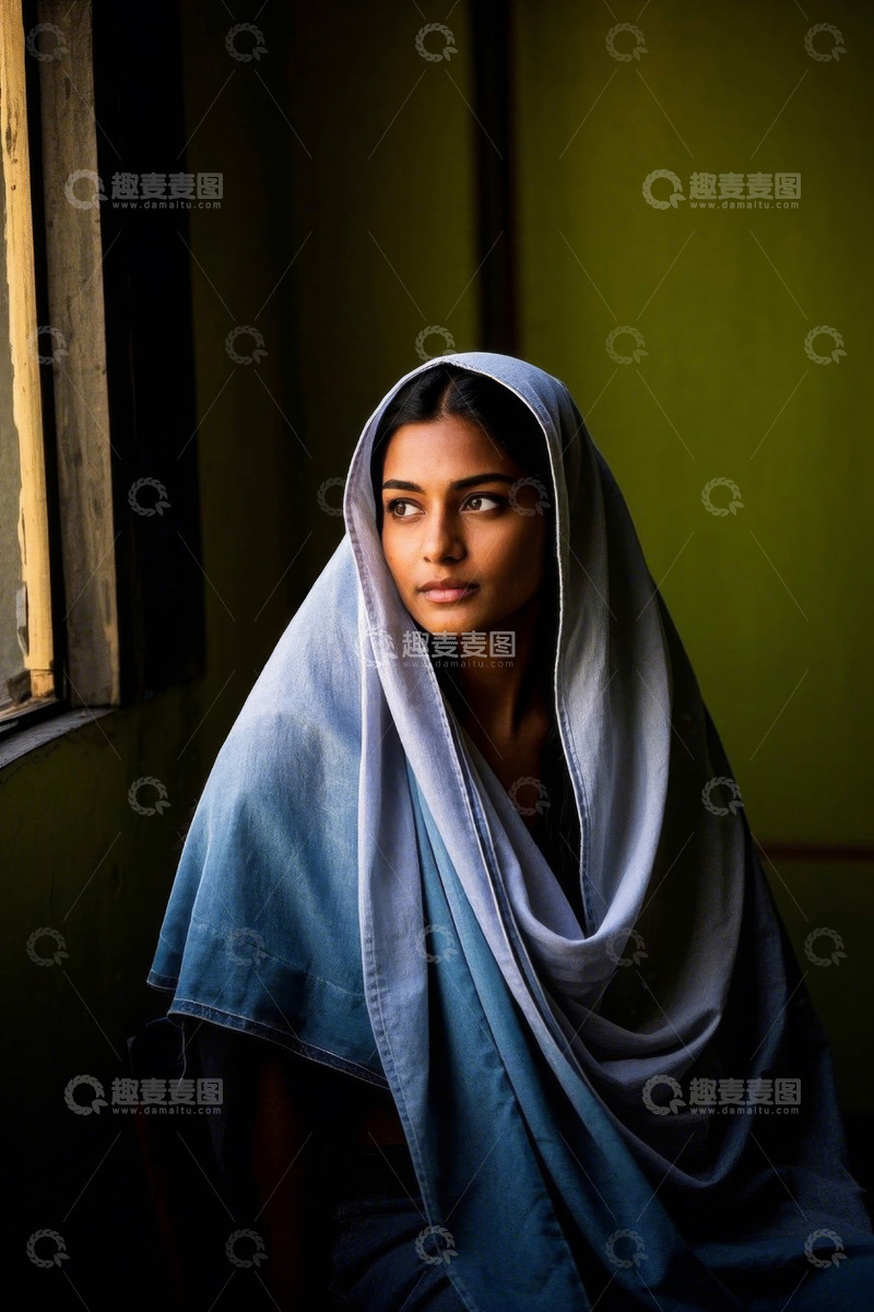 高清大图下载【趣麦麦图】女子身着蓝色头巾凝望远方