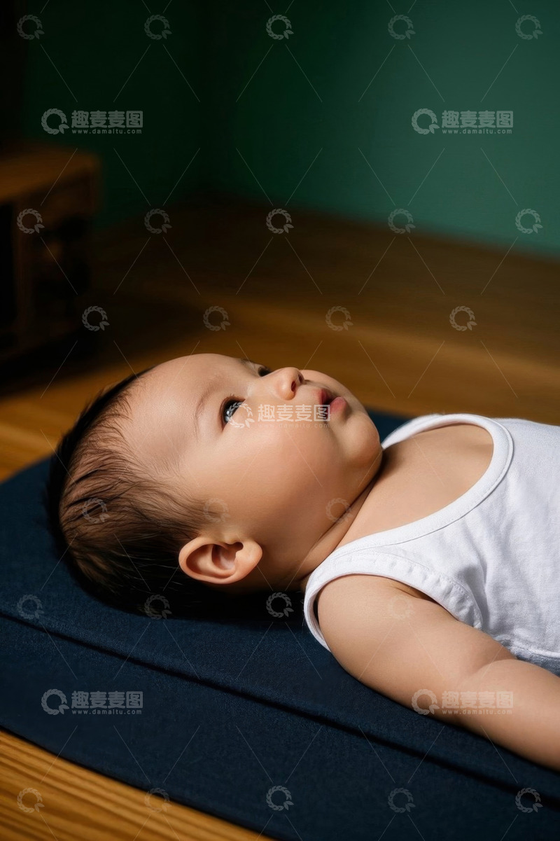 高清大图下载【趣麦麦图】婴儿仰卧在床上安静地望着上方