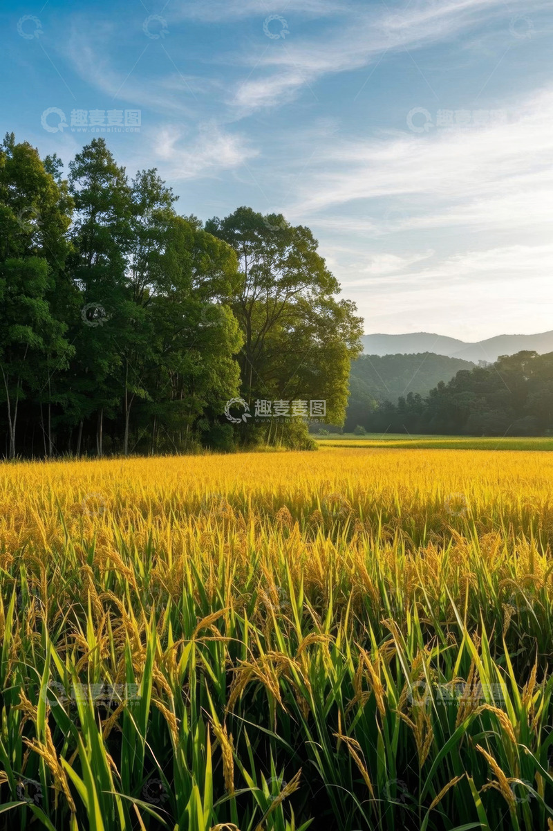 高清大图下载【趣麦麦图】金黄稻田与葱郁树林风景