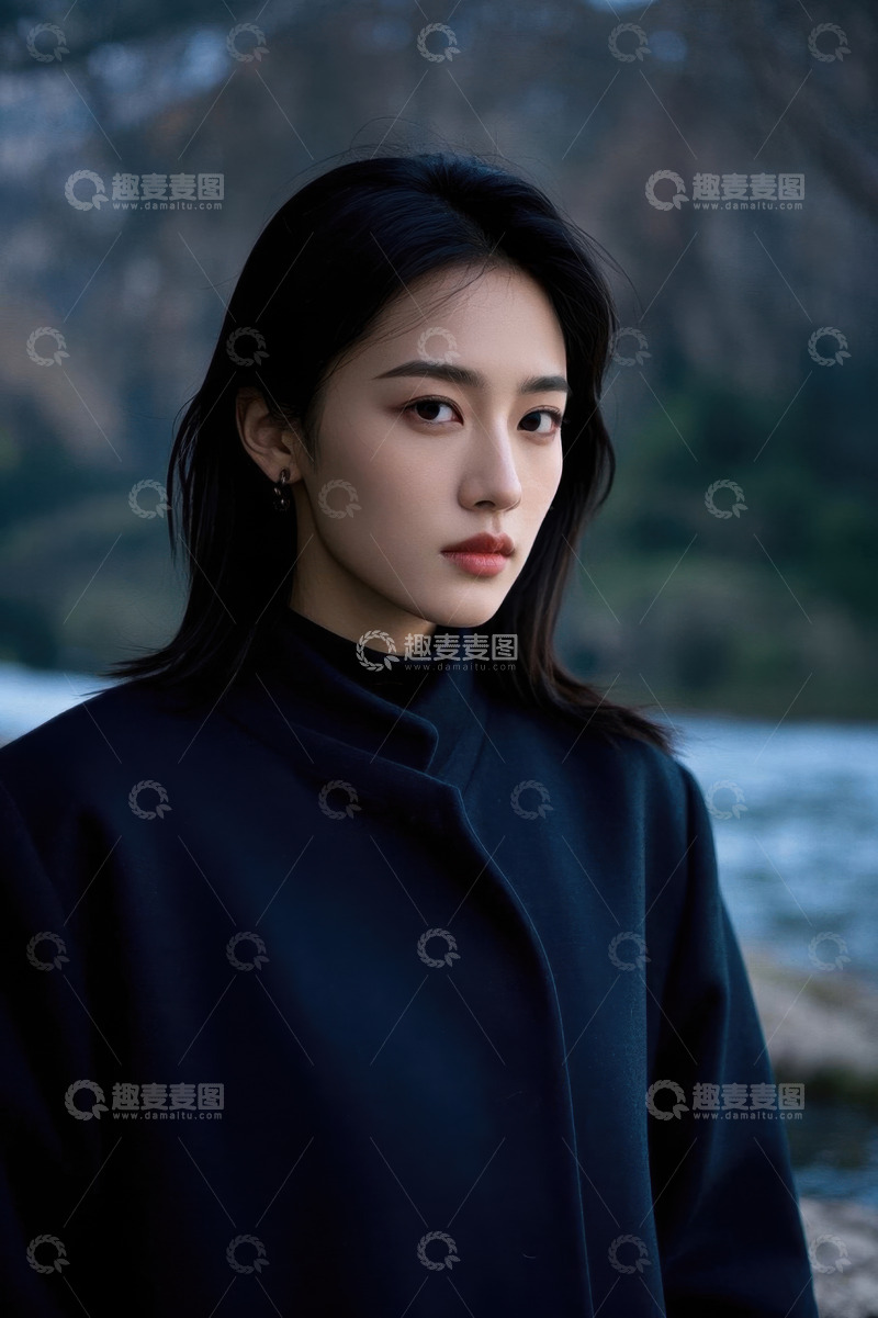 高清大图下载【趣麦麦图】深色衣着女子湖边凝视远方