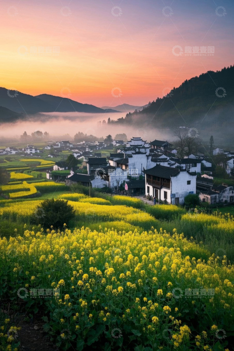 高清大图下载【趣麦麦图】婺源乡村油菜花田日出景象