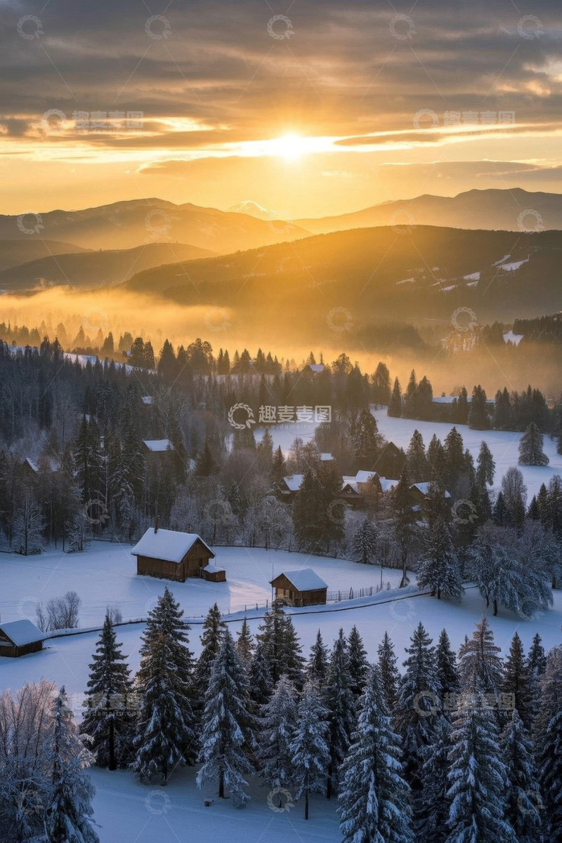 高清大图下载【趣麦麦图】雪后山林日出景色