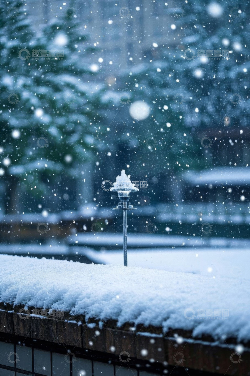 高清大图下载【趣麦麦图】户外雪景中的积雪小路灯