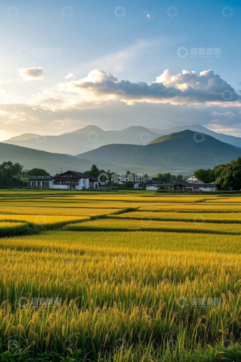 高清大图下载【趣麦麦图】田园稻田与远山村落风光