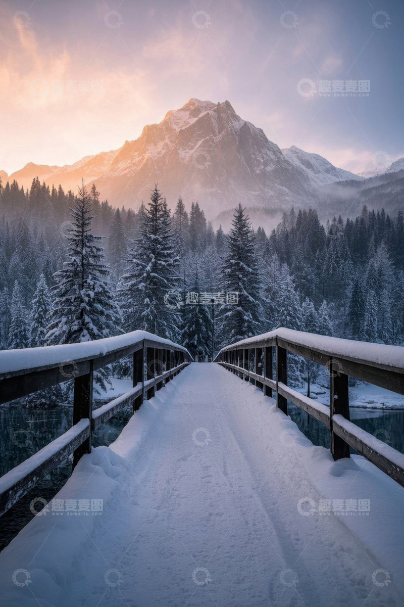 高清大图下载【趣麦麦图】雪后山林中的木桥景观