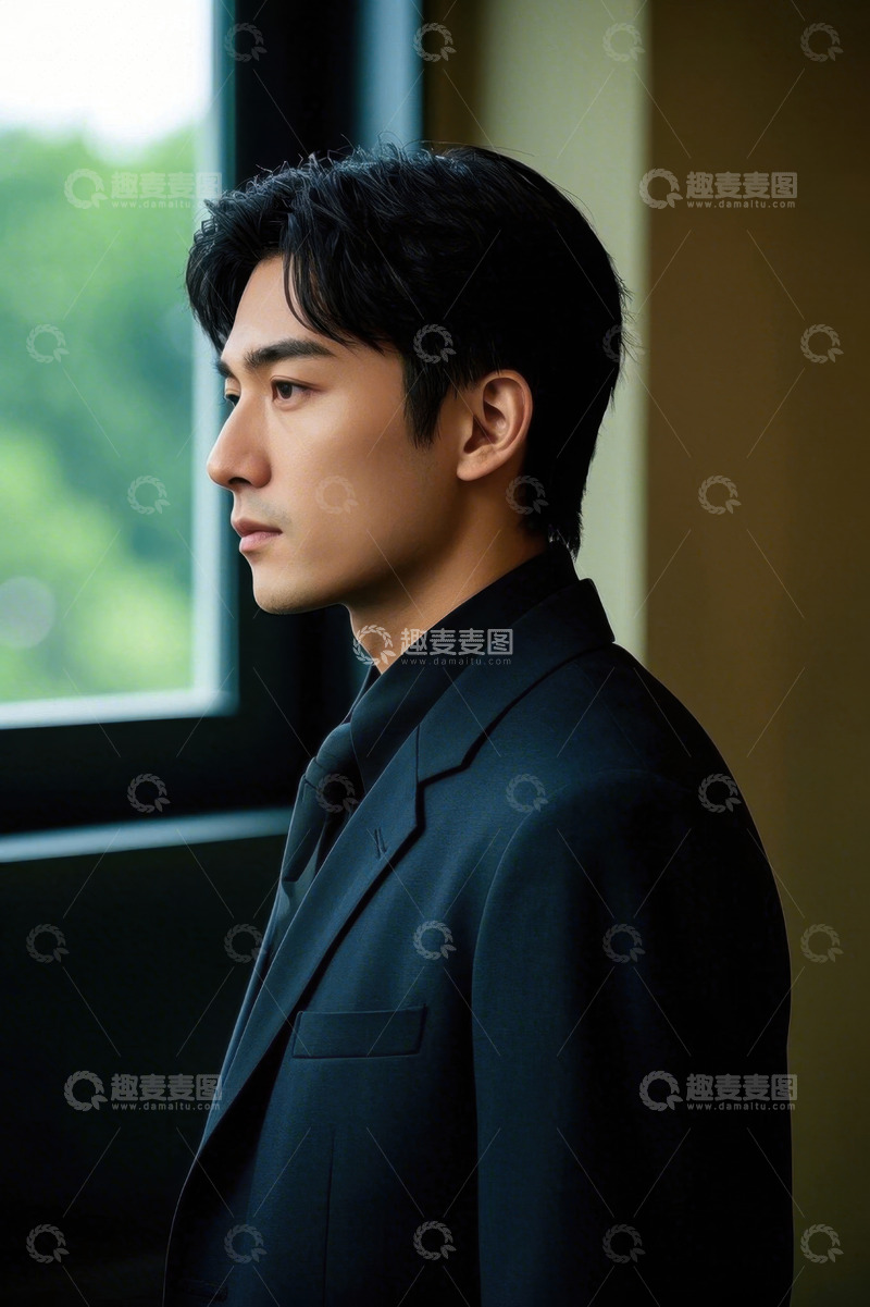 高清大图下载【趣麦麦图】深色西装男子侧颜照，眼神深邃