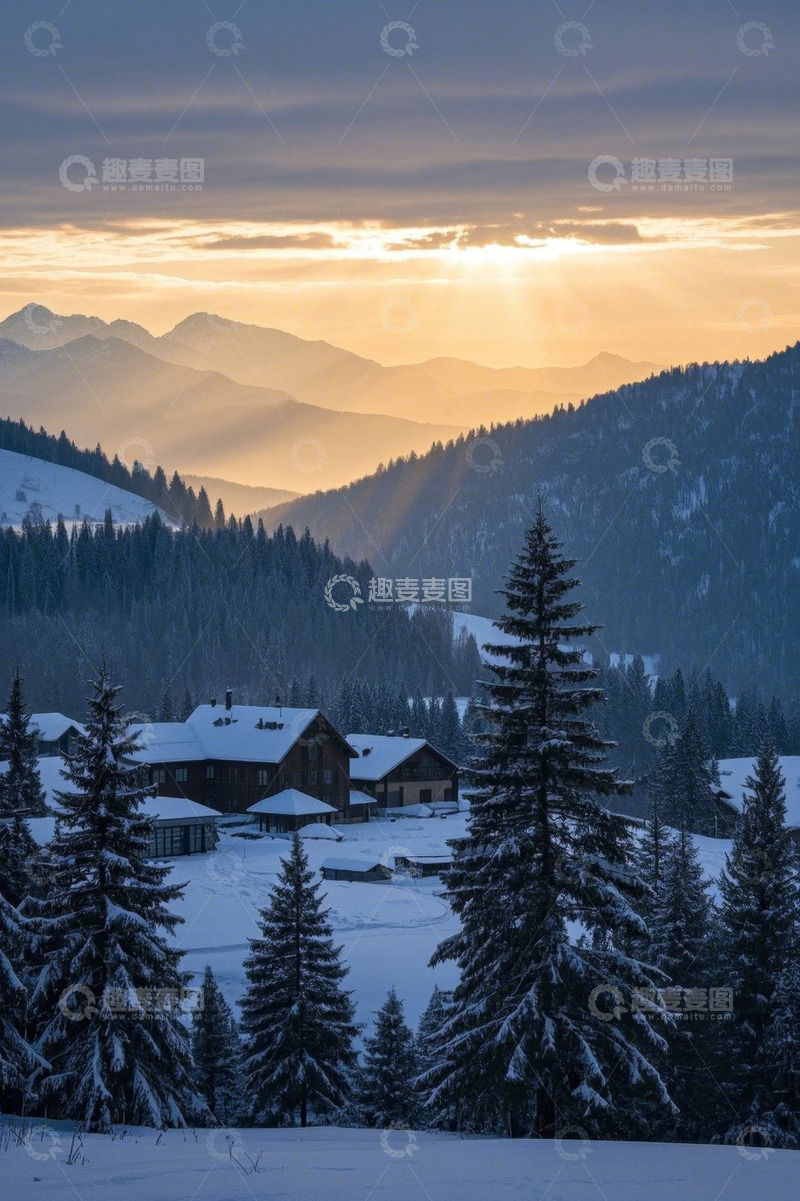 高清大图下载【趣麦麦图】雪山森林间的雪后村落