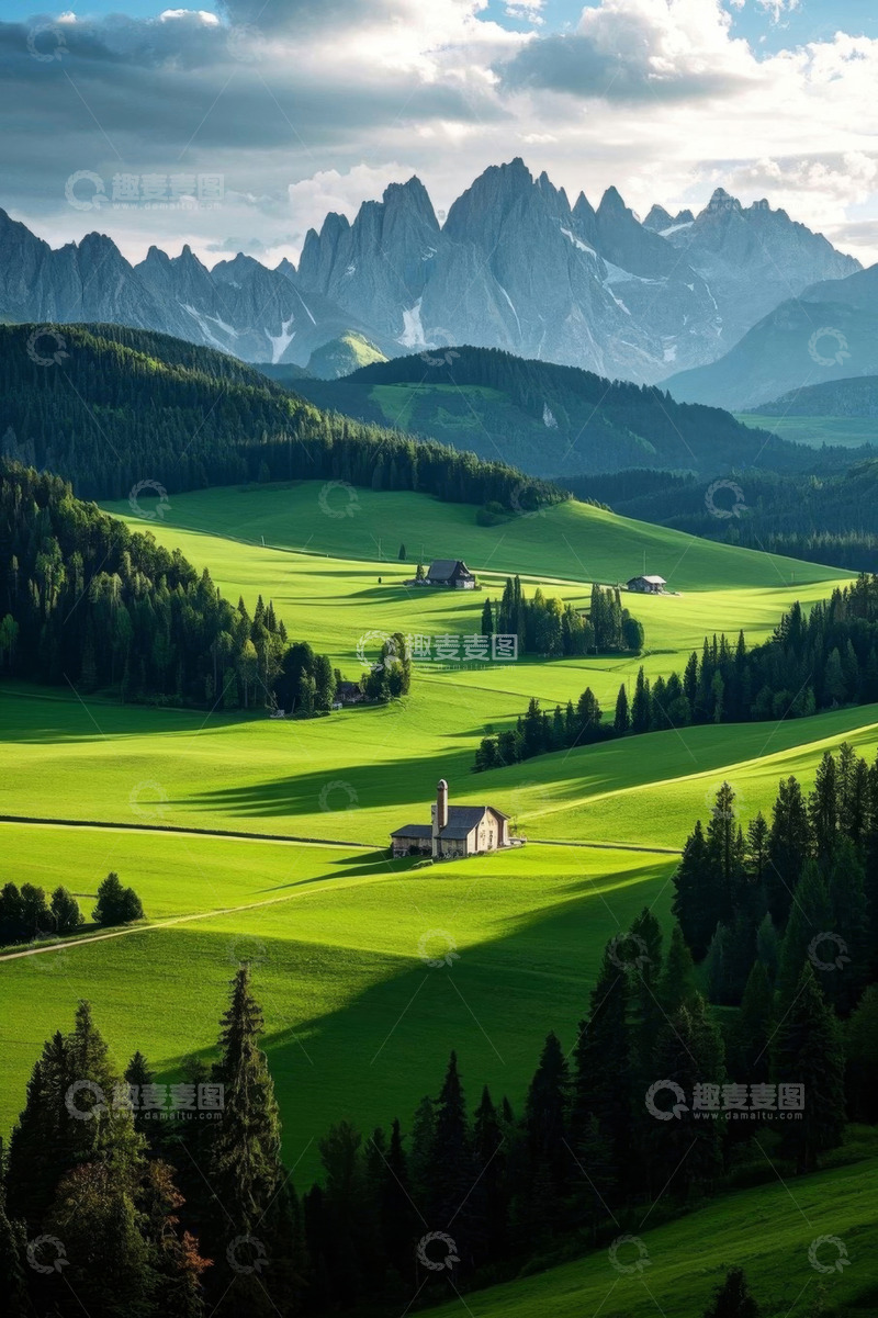 高清大图下载【趣麦麦图】山间绿色草原与房屋风景