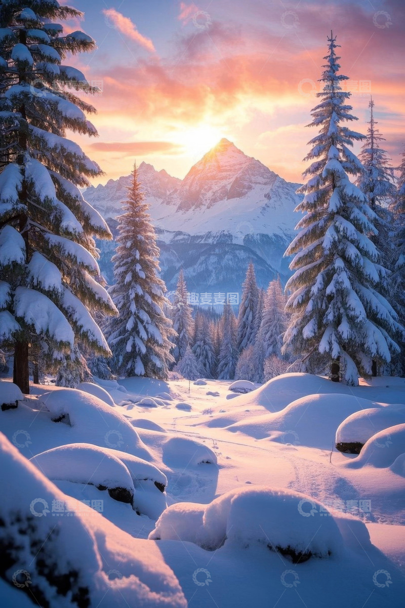 高清大图下载【趣麦麦图】雪后森林日出自然景观