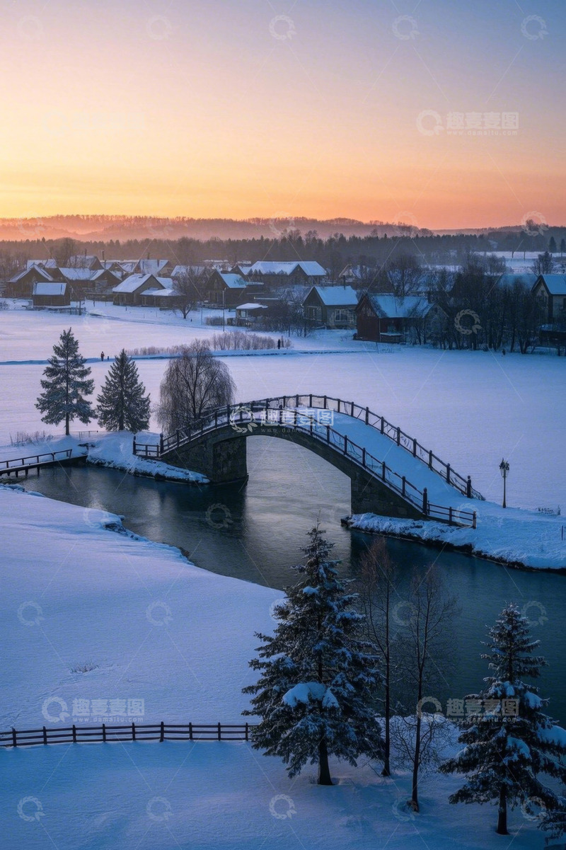 高清大图下载【趣麦麦图】冬日雪覆村庄拱桥风景