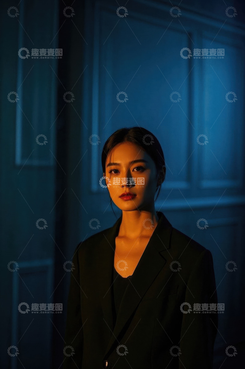 高清大图下载【趣麦麦图】昏暗灯光下身穿西装的年轻女子