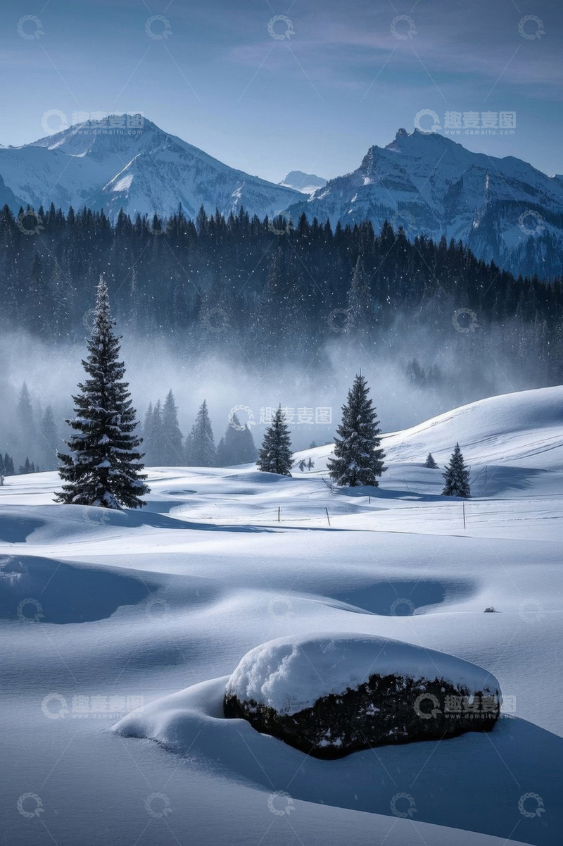 高清大图下载【趣麦麦图】雪覆山林的冬日自然景观