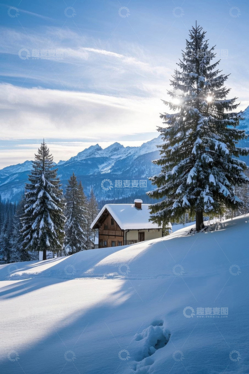 高清大图下载【趣麦麦图】雪后山间小屋与森林景观