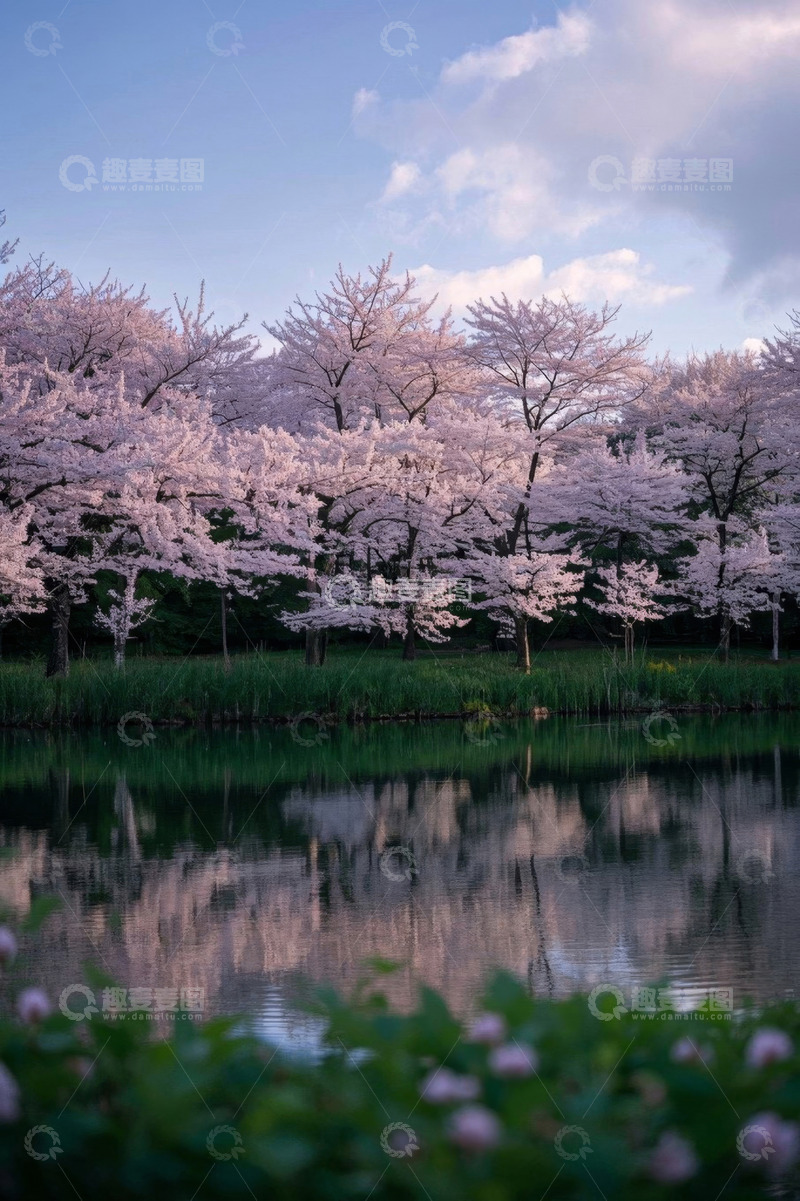 高清大图下载【趣麦麦图】湖边盛开的樱花树自然景色