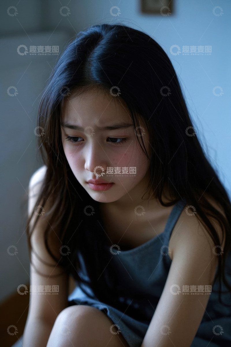 高清大图下载【趣麦麦图】忧郁女孩低头沉思神伤