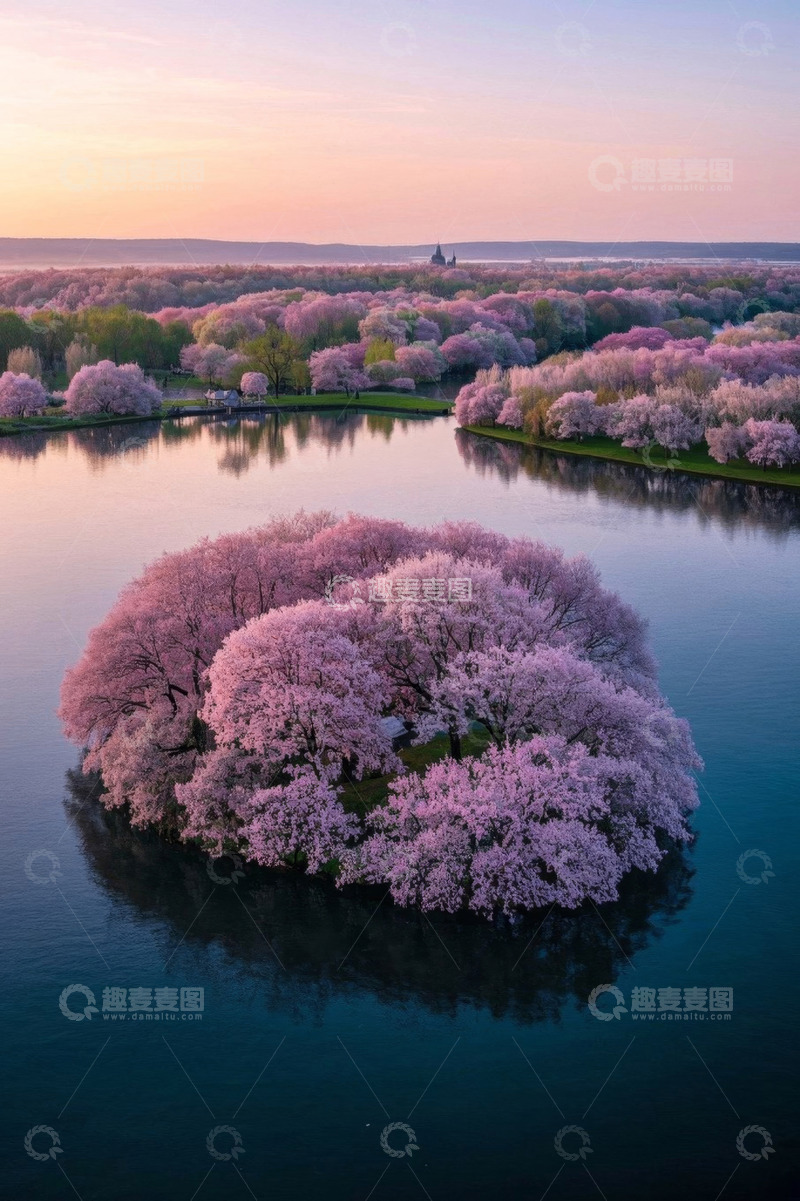 高清大图下载【趣麦麦图】湖畔樱花林航拍全景