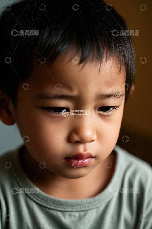忧郁的小男孩低头沉思