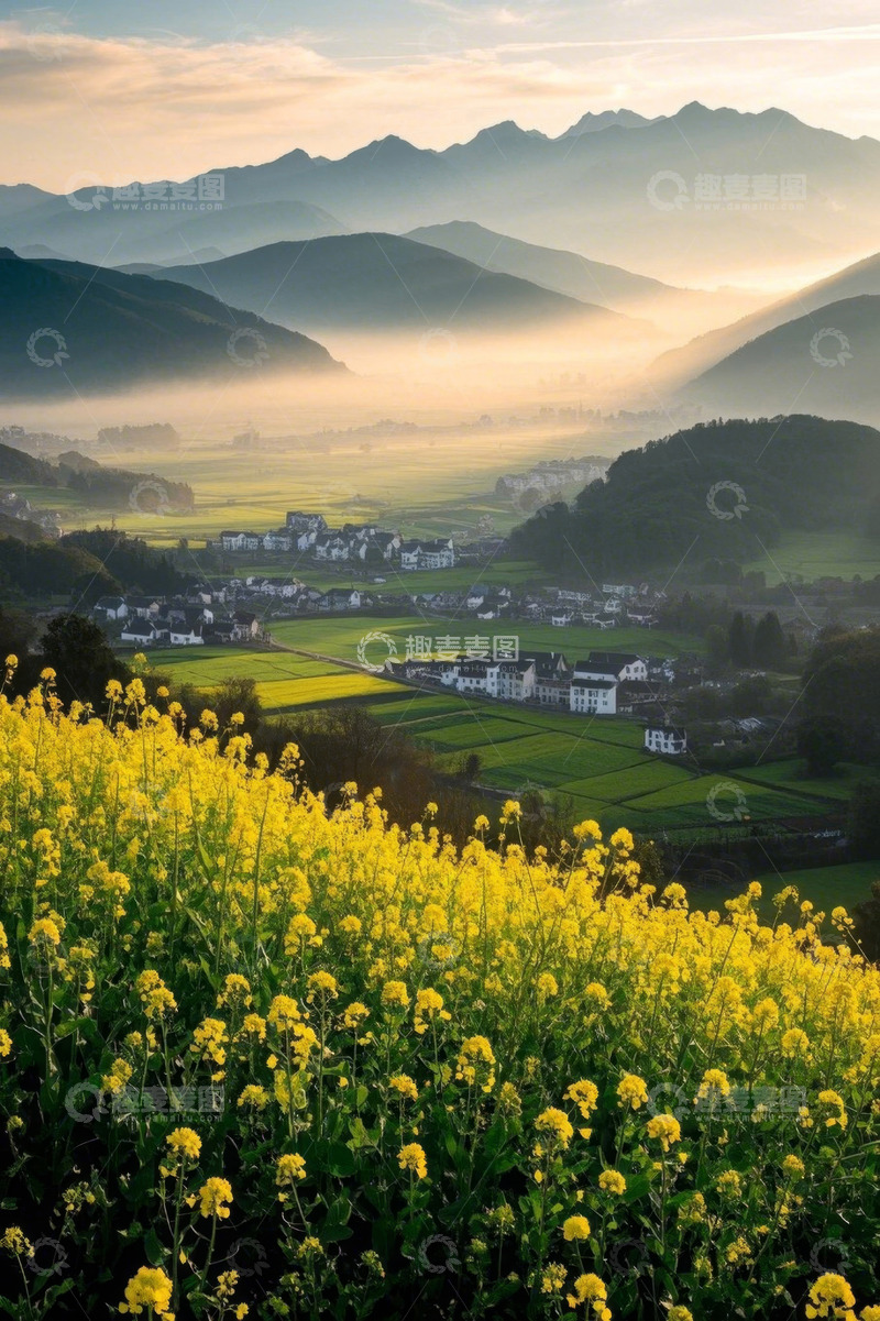 高清大图下载【趣麦麦图】山间村落旁的油菜花田风景