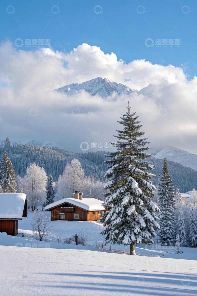 高清大图下载【趣麦麦图】雪山下的冬日森林木屋景观