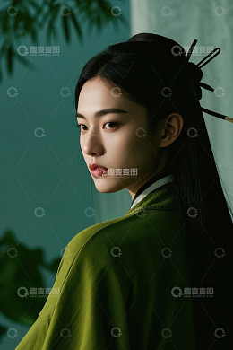 古风女子侧颜回眸凝视