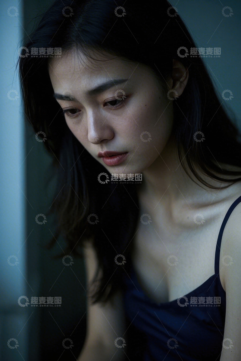 高清大图下载【趣麦麦图】忧郁女子侧身凝视深沉眼神