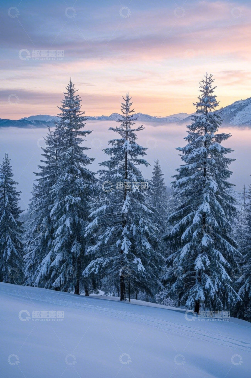 高清大图下载【趣麦麦图】雪后山林日出景色