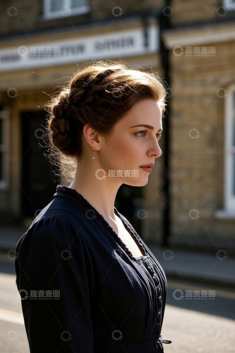 高清大图下载【趣麦麦图】复古装扮女子侧颜照街景背景