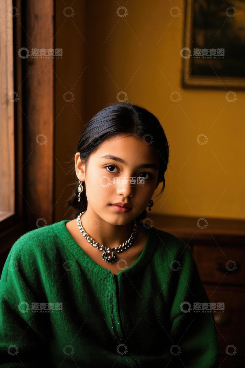 高清大图下载【趣麦麦图】女孩穿着绿色毛衣凝视镜头