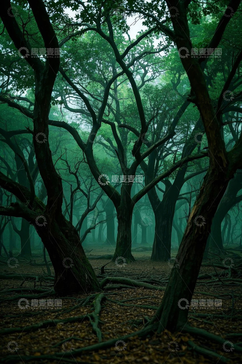 迷雾笼罩的茂密森林景象