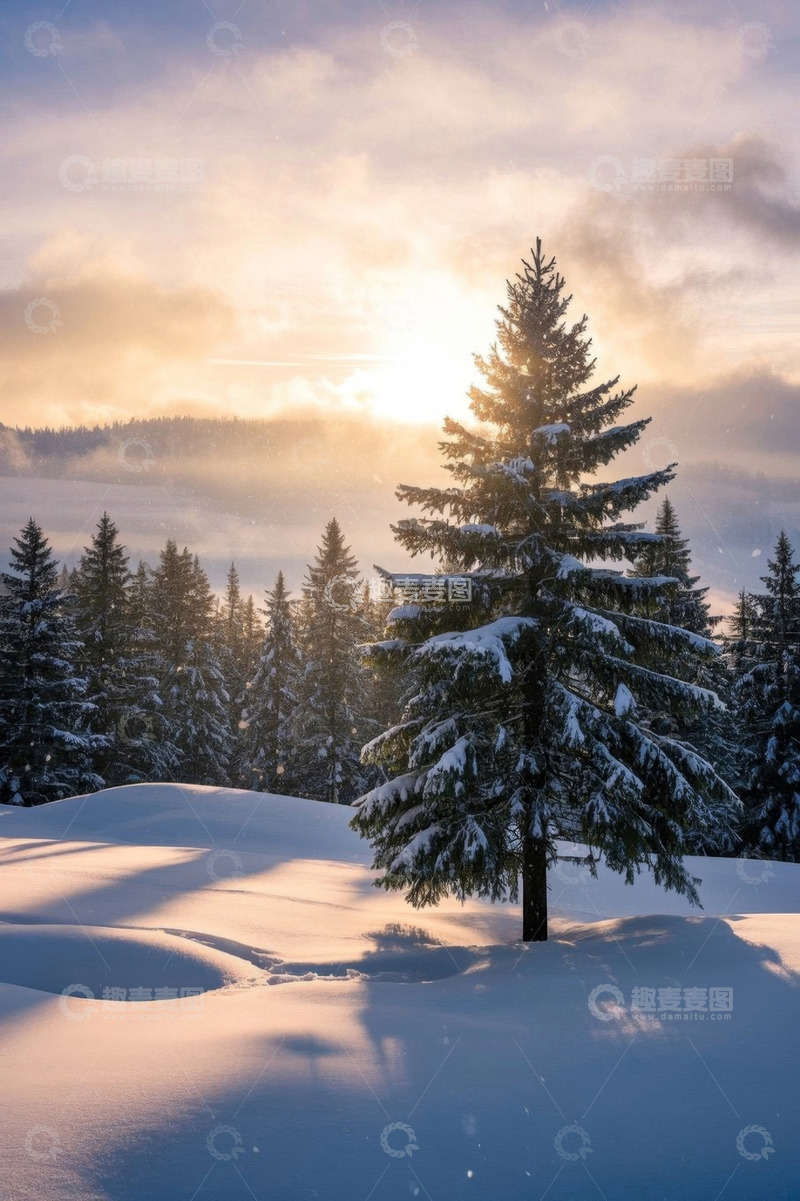 高清大图下载【趣麦麦图】雪地松林日出自然景观
