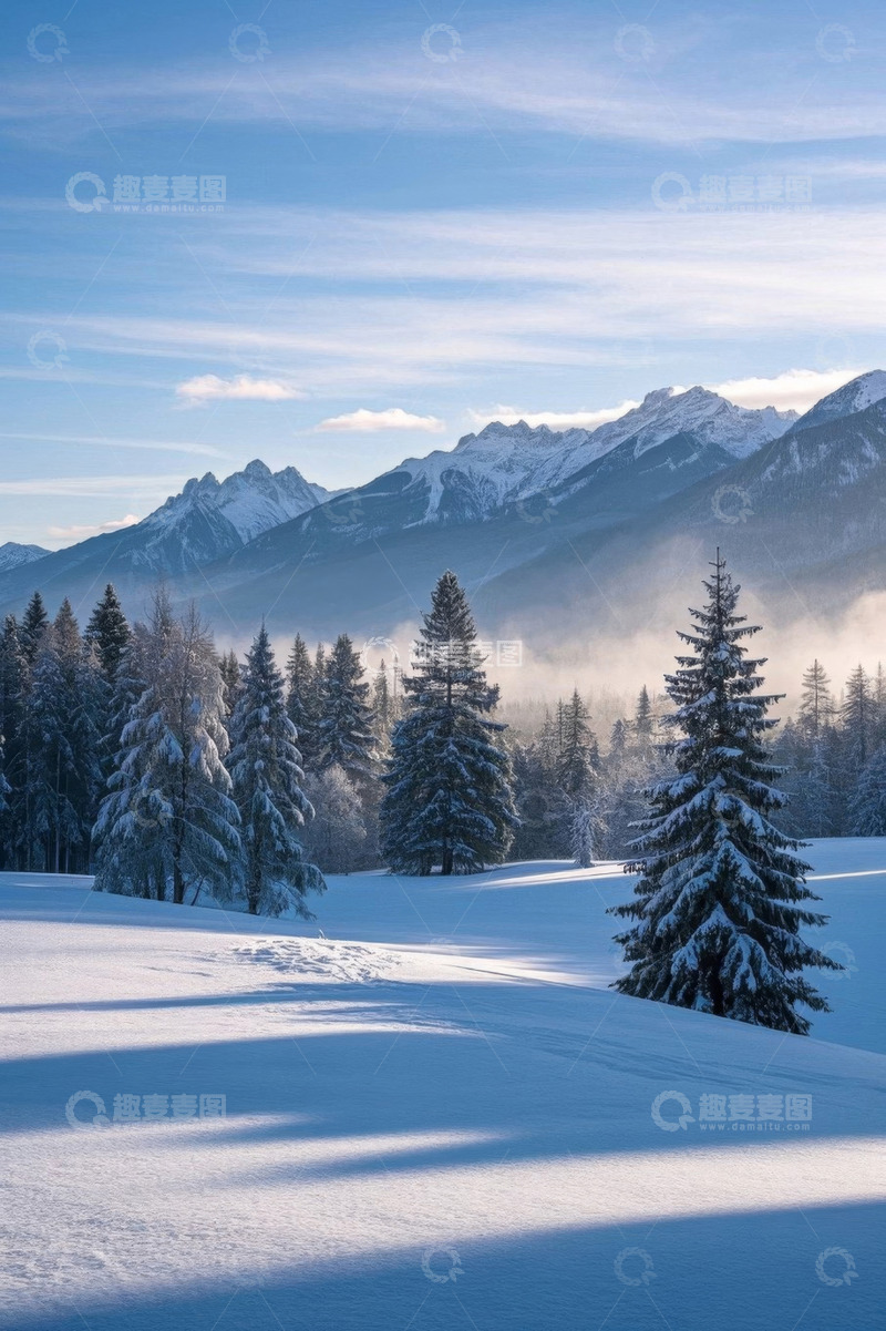 高清大图下载【趣麦麦图】雪后山林与远处雪山景观