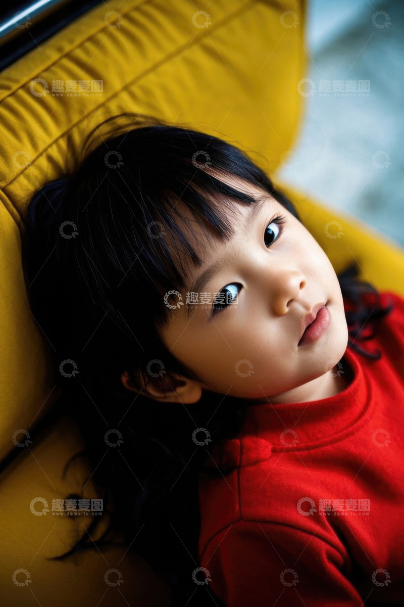 高清大图下载【趣麦麦图】可爱小女孩慵懒靠在黄色沙发上