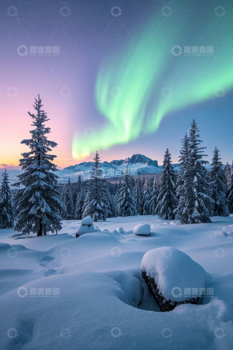 高清大图下载【趣麦麦图】雪林上空的极光景象
