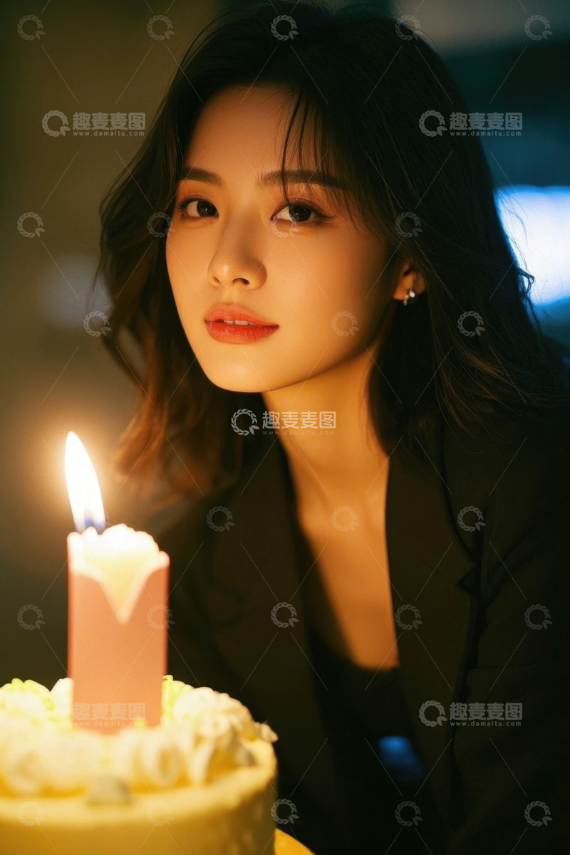 高清大图下载【趣麦麦图】生日烛光映照下的年轻女子