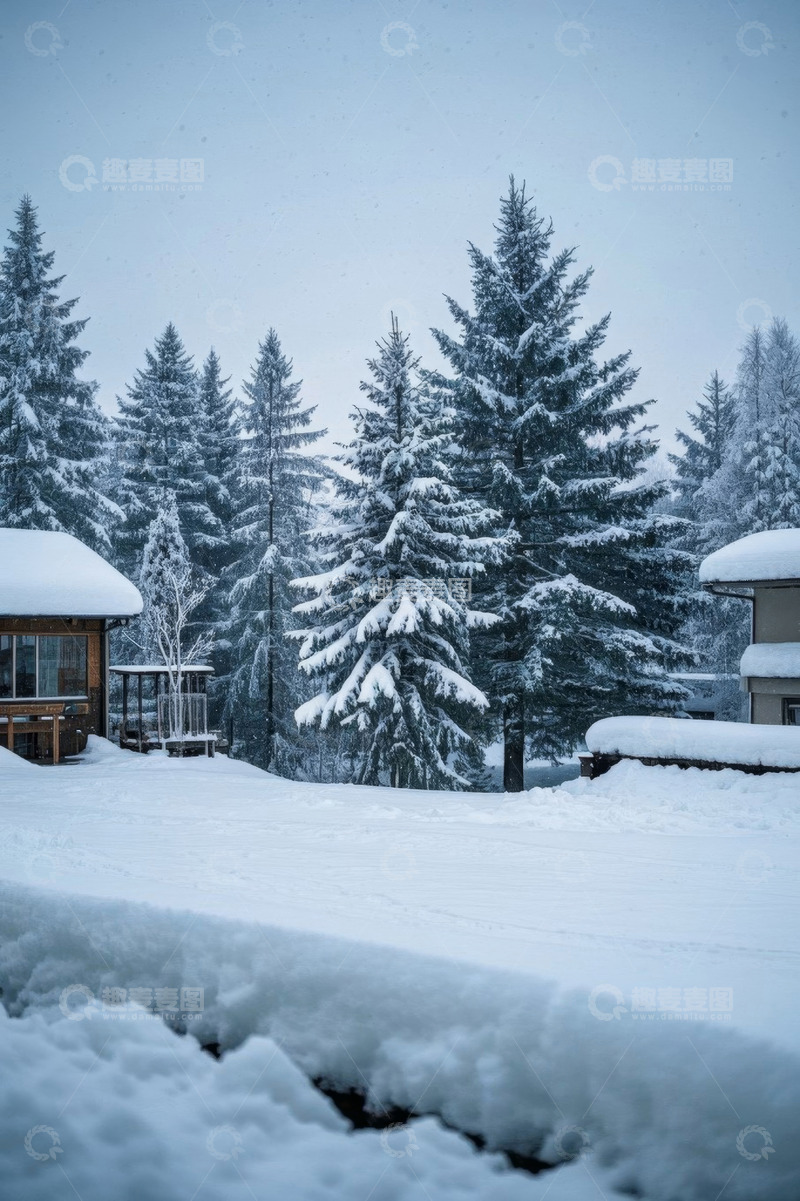 高清大图下载【趣麦麦图】雪覆森林中的木屋景观