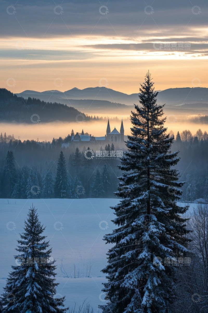高清大图下载【趣麦麦图】冬日山林雪景中的城堡景观