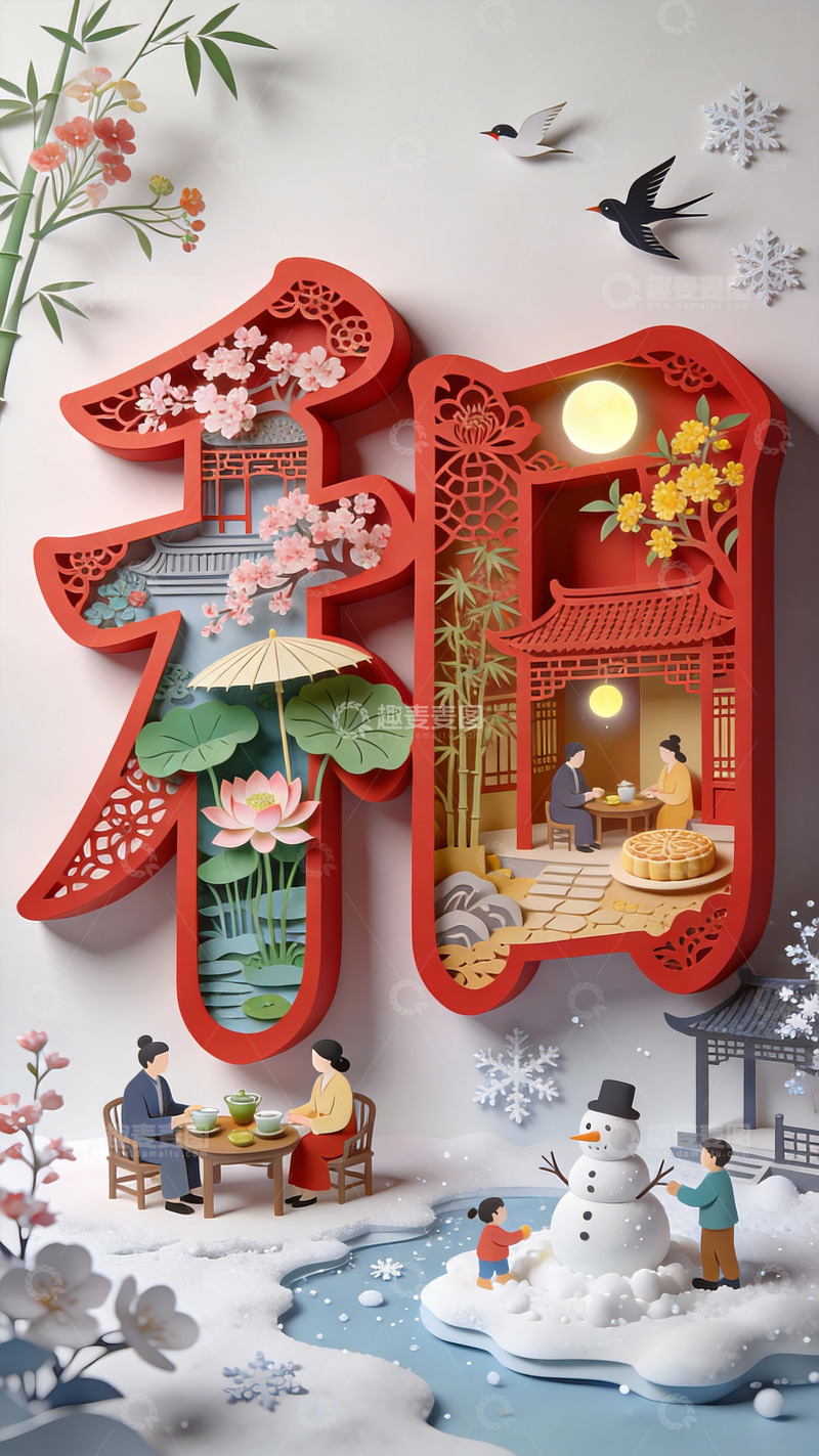 高清大图下载【趣麦麦图】剪纸风 &ldquo;和&rdquo; 字里的四季团圆图景2