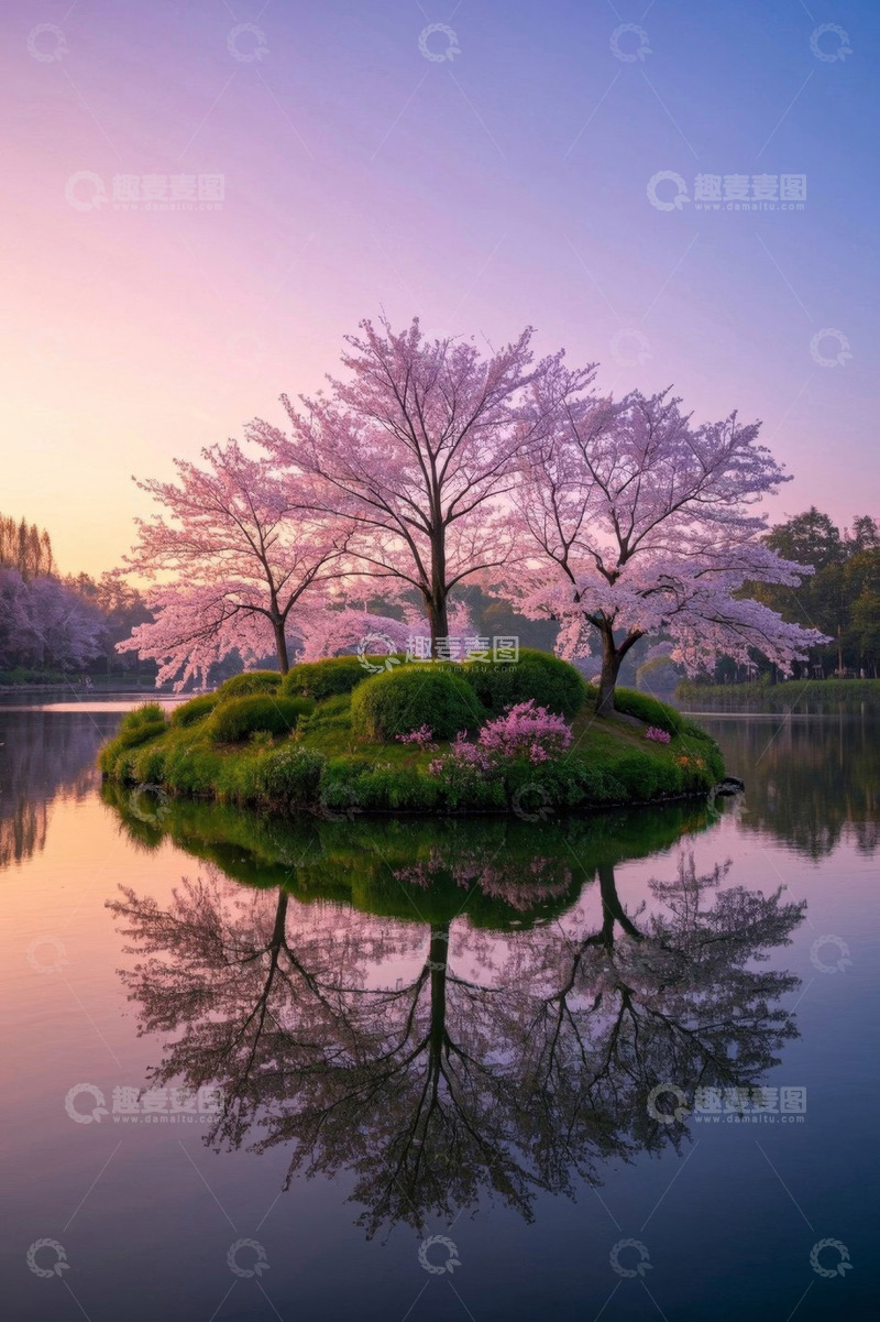 高清大图下载【趣麦麦图】湖中小岛樱花树黄昏美景
