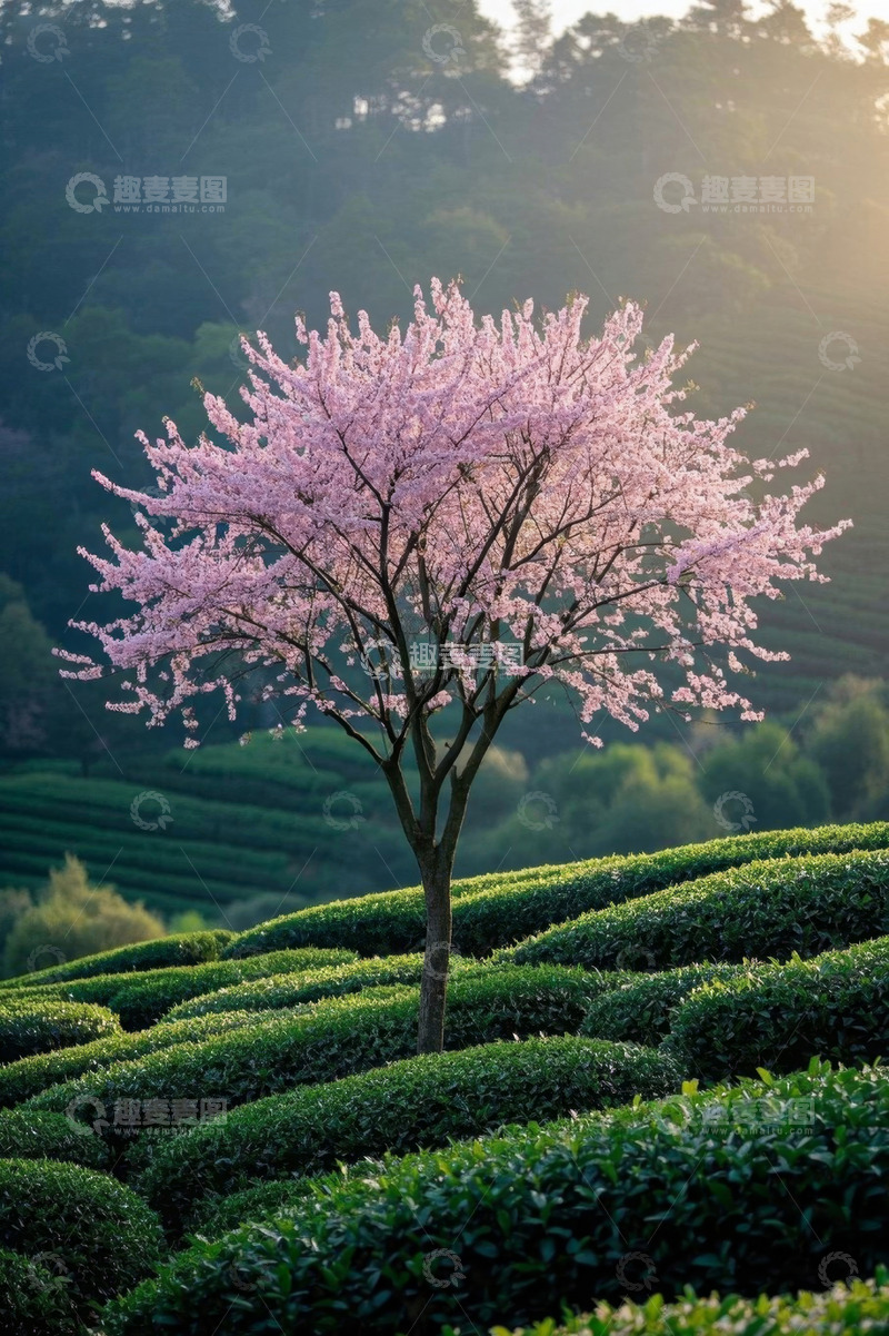 高清大图下载【趣麦麦图】茶园中盛开的粉色樱花树