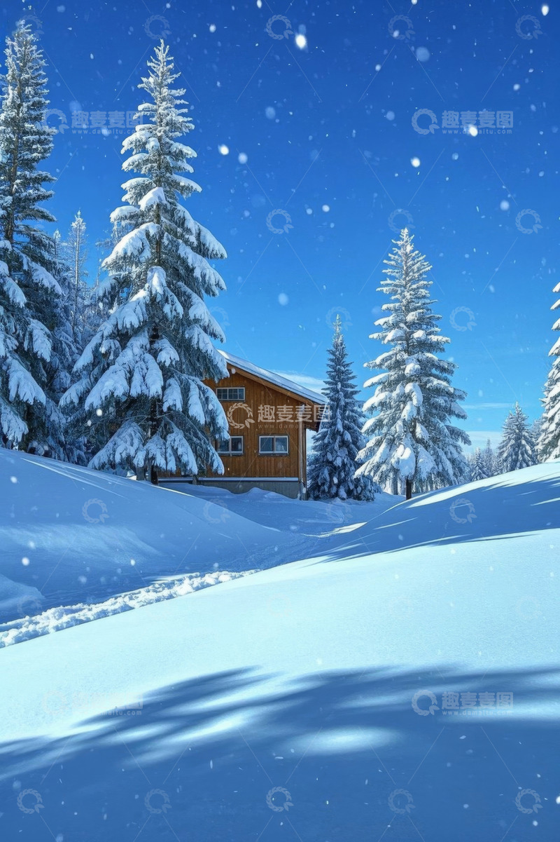 高清大图下载【趣麦麦图】雪中木屋与雪松树景观