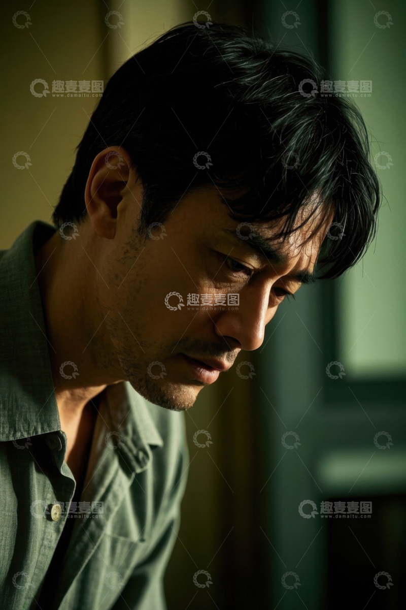 高清大图下载【趣麦麦图】忧郁男子低头沉思肖像照