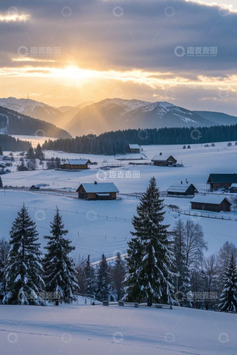 高清大图下载【趣麦麦图】雪山下的冬日村庄风景