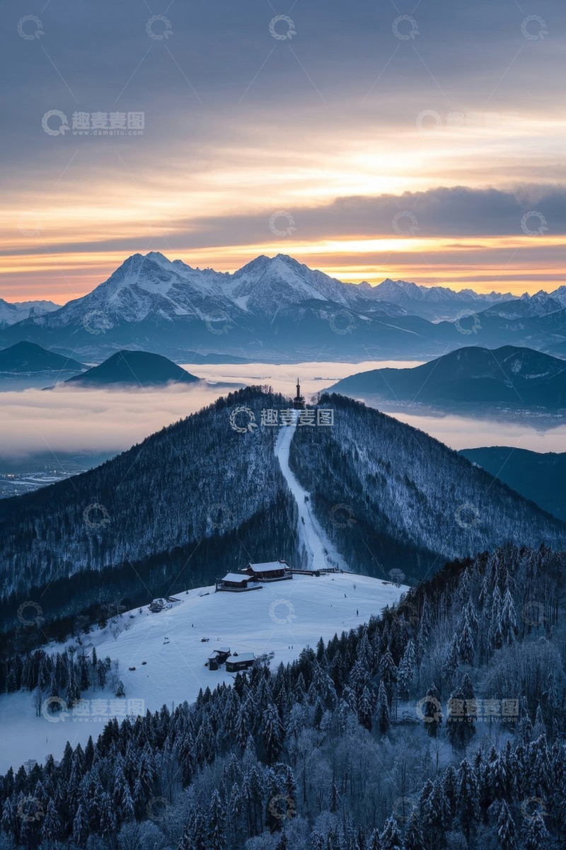 高清大图下载【趣麦麦图】雪山森林日出全景